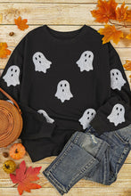 Load image into Gallery viewer, Black Glitter Ghost Pattern Crew Neck Halloween Sweatshirt
