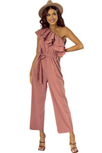 Load image into Gallery viewer, Dusty Pink One Shoulder Ruffle Trim Belted Jumpsuit
