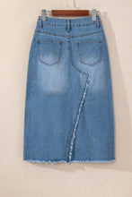 Load image into Gallery viewer, Light Blue Frayed Slit Asymmetric Denim Midi Skirt
