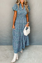 Cargar imagen en el visor de la galería, Blue Printed V Neck Shirred Short Puff Sleeve Maxi Dress
