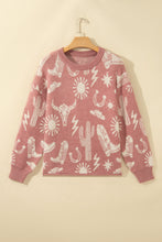 Cargar imagen en el visor de la galería, Peach Blossom Western Print Drop Shoulder Round Neck Long Sleeve Sweater
