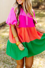 Load image into Gallery viewer, Multicolor Color Block Tiered Puff Sleeve Dress
