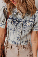 Load image into Gallery viewer, Beau Blue Light Wash Buttoned Chest Pocket Puff Sleeve Denim Jacket
