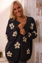 Cargar imagen en el visor de la galería, Black Floral Print Knitted Open Front Loose Cardigan
