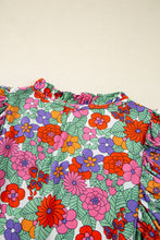 Load image into Gallery viewer, Red Floral Tie Split Neck Ruffle Puff Sleeve Blouse
