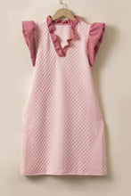 Load image into Gallery viewer, Light Pink Textured Puff Sleeve Ruffled V Neck Shift Mini Dress
