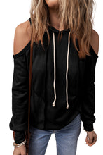 Cargar imagen en el visor de la galería, Black Exposed Seam Cold Shoulder Drawstring Hoodie
