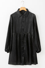 Load image into Gallery viewer, Black Metallic Sheen Puff Sleeve Button Up Mini Shirt Dress
