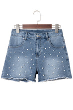 Load image into Gallery viewer, Dusk Blue Pearl Beaded Raw Hem Medium Wash Denim Shorts
