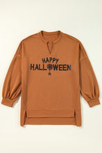 Cargar imagen en el visor de la galería, Chestnut Sequin Happy Halloween Graphic Notched Neck Long Sleeve Loose Top
