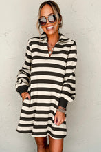 Load image into Gallery viewer, Black Stripe Collared V Neck Long Sleeve Loose Casual Dress
