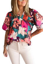 Cargar imagen en el visor de la galería, Hot Pink Floral Print Puff Sleeve Notched V Neck Blouse
