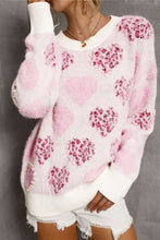 Cargar imagen en el visor de la galería, Pink Heart Leopard Print Pearled Ribbed Trim Fuzzy Sweater
