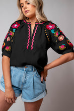 Load image into Gallery viewer, Black Floral Embroidered Ricrac Puff Sleeve Textured Blouse
