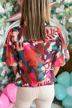 Cargar imagen en el visor de la galería, Hot Pink Floral Print Puff Sleeve Notched V Neck Blouse
