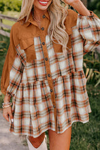 Load image into Gallery viewer, Khaki Plaid Color Block Patchwork Ruffle Hem Tunic Shirt Dress
