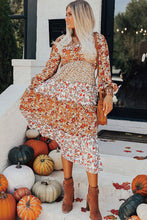 Load image into Gallery viewer, Khaki Floral Print Ruffled Tiered Long Sleeve V Neck Midi Dress
