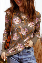 Load image into Gallery viewer, Brown Floral Print Waffle Textured Long Sleeve Top
