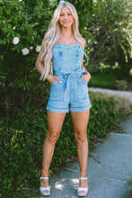 Cargar imagen en el visor de la galería, Beau Blue Spaghetti Straps Belted Denim Romper
