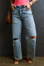 Load image into Gallery viewer, Light Blue Distressed Ripped Raw Hem Straight Jeans
