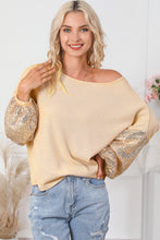 Load image into Gallery viewer, Apricot Sequin Patchwork Sleeve Open Back Waffle Knit Top
