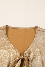 Load image into Gallery viewer, Gold Bow Tie Front Puff 3/4 Sleeve Ruffle Hem Blouse
