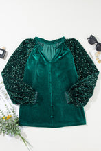 Load image into Gallery viewer, Evergreen Sequin Patchwork Sleeve Button Up Velvet Top
