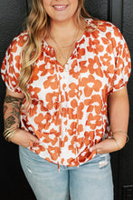 Load image into Gallery viewer, Orange Plus Size Floral Print Drawstring V Neck Short Sleeve Blouse
