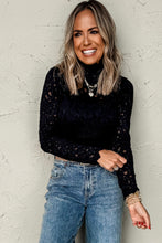 Load image into Gallery viewer, Black Flower Lace See Through Mock Neck Long Sleeve Top

