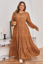 Load image into Gallery viewer, Brown Plus Size Floral Split V Neck Ruffled Sleeve Tiered Maxi Dress
