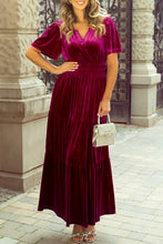 Cargar imagen en el visor de la galería, Red Dahlia Velvet Short Sleeve Shirred Waist Tiered Maxi Dress
