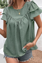 Load image into Gallery viewer, Laurel Green Dotted Ruffle Sleeve Crew Neck Ruched Blouse
