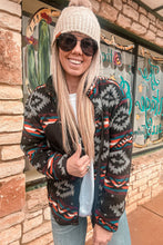 Cargar imagen en el visor de la galería, Black Aztec Printed Zip Up Collar Jacket
