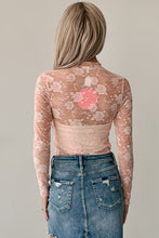 Load image into Gallery viewer, Apricot Pink Sheer Floral Lace Mesh Mock Neck Long Sleeve Top

