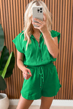 Load image into Gallery viewer, Bright Green Textured Short Sleeve Half Zip Drawstring Waist Romper
