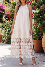 Load image into Gallery viewer, Beige Sheer Hollowed Floral Lace Hem Patchwork Loose Halter Summer Dress
