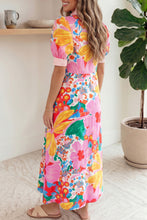 Load image into Gallery viewer, Green Stripe Floral Print Striped Trim Button Down Short Sleeve Vacation Dress
