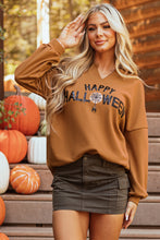 Load image into Gallery viewer, Chestnut Sequin Happy Halloween Graphic Notched Neck Long Sleeve Loose Top
