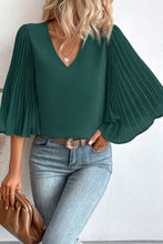 Load image into Gallery viewer, Blackish Green 3/4 Pleated Bell Sleeve V Neck Blouse
