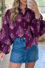 Load image into Gallery viewer, Purple Floral Print Button Front Long Puff Sleeve Shirt
