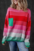 Load image into Gallery viewer, Rose Striped Knit Patch Pocket Drop Shoulder Sweater
