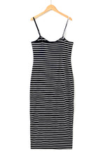 Cargar imagen en el visor de la galería, Black Stripe Asymmetric Shoulder Tee Slit Pencil Dress Set
