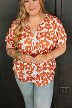 Cargar imagen en el visor de la galería, Orange Plus Size Floral Print Drawstring V Neck Short Sleeve Blouse
