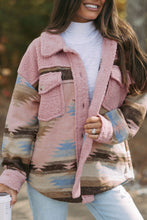 Load image into Gallery viewer, Pink Western Aztec Print Sherpa Splicing Buttoned Flap Pocket Coat
