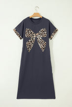 Load image into Gallery viewer, Dark Grey Contrast Leopard Bow Patched Short Sleeve T Shirt Long Dress
