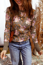 Load image into Gallery viewer, Brown Floral Print Waffle Textured Long Sleeve Top
