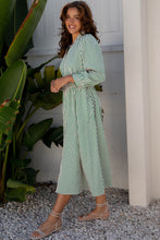 Load image into Gallery viewer, Green Stripe V Neck Zip Front Cinched High Waist Midi Dress
