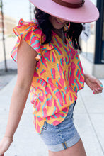 Cargar imagen en el visor de la galería, Orange Abstract Print V Neck Ruffled Sleeve Blouse
