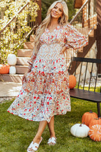 Load image into Gallery viewer, Khaki Floral Print Ruffled Tiered Long Sleeve V Neck Midi Dress
