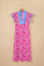 Load image into Gallery viewer, Pink Floral Print Color Block Patchwork V Neck Short Sleeve Midi Dress

